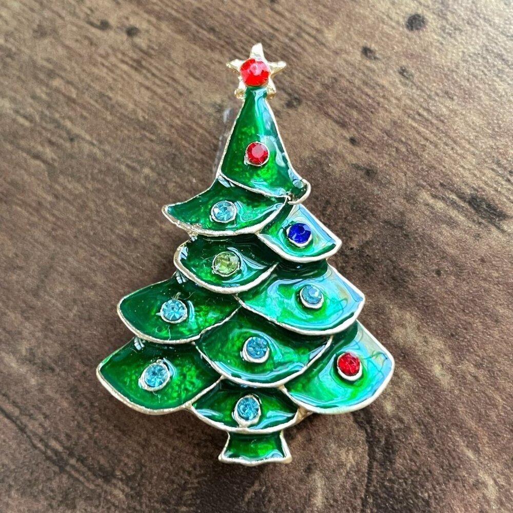 Vintage Christmas Tree Brooch Green Enamel Gold Tone Rhinestone Holiday Pin